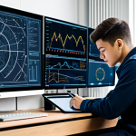 A focused male student in modest, comfortable clothing, seated at a sleek modern desk. He is actively drawing a complex concept map on a large digital tablet, with intricate lines connecting various railway engineering terms and system diagrams. In the background, a large monitor displays data visualizations related to smart railway technologies like AI-driven train optimization and IoT sensor networks. The setting is a well-lit, quiet study room, emphasizing deep thought and analytical processing. The atmosphere is academic and forward-looking. fully clothed, appropriate attire, safe for work, perfect anatomy, correct proportions, natural pose, well-formed hands, proper finger count, natural body proportions, professional study environment, high quality, family-friendly.