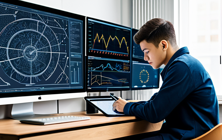 A focused male student in modest, comfortable clothing, seated at a sleek modern desk. He is actively drawing a complex concept map on a large digital tablet, with intricate lines connecting various railway engineering terms and system diagrams. In the background, a large monitor displays data visualizations related to smart railway technologies like AI-driven train optimization and IoT sensor networks. The setting is a well-lit, quiet study room, emphasizing deep thought and analytical processing. The atmosphere is academic and forward-looking. fully clothed, appropriate attire, safe for work, perfect anatomy, correct proportions, natural pose, well-formed hands, proper finger count, natural body proportions, professional study environment, high quality, family-friendly.