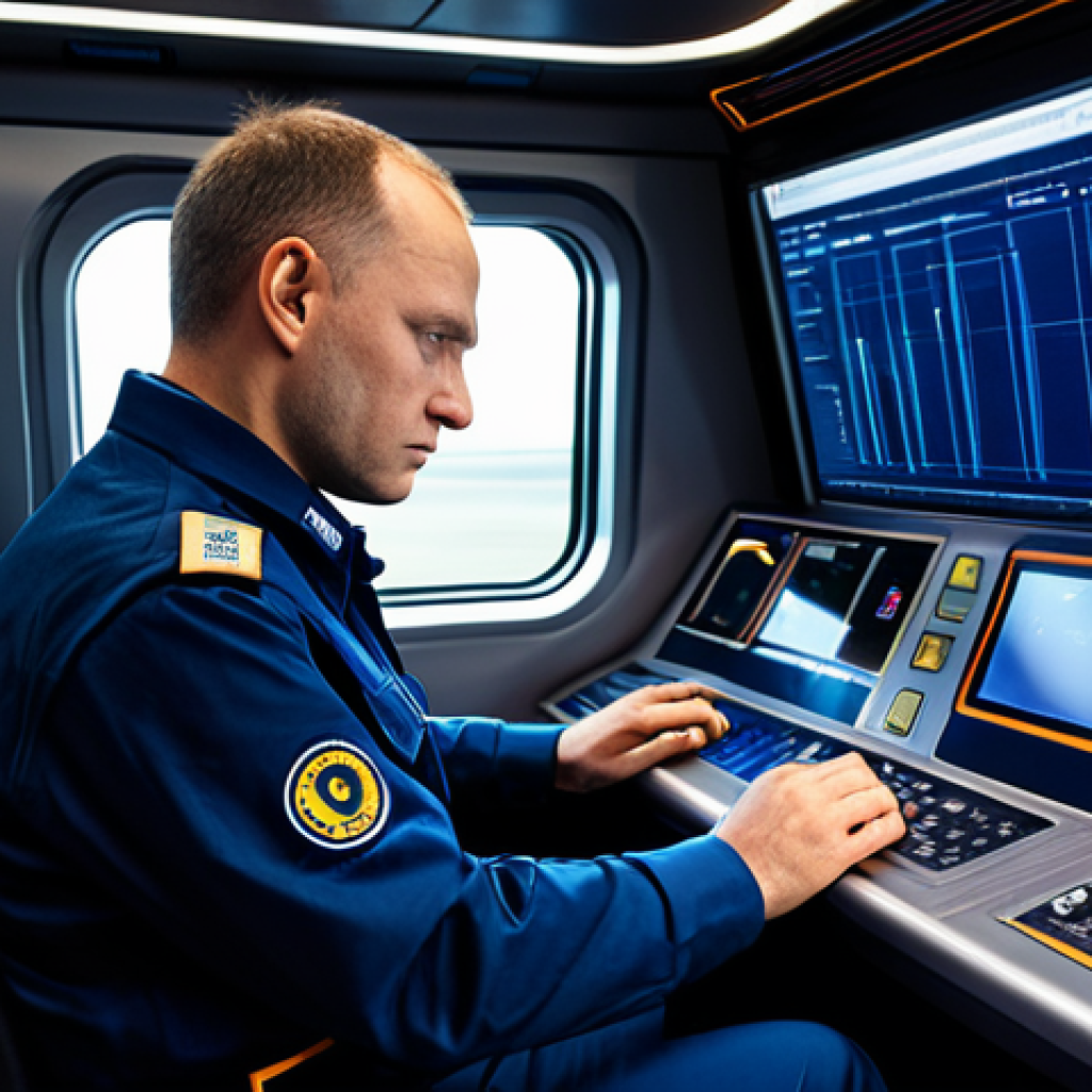 A focused professional train engineer, fully clothed in a crisp, dark blue modern uniform with subtle insignia, seated confidently within the state-of-the-art cockpit of a high-speed train. The interior is sleek and futuristic, illuminated by the soft glow of multiple high-tech digital displays showing complex operational data and real-time track information. The engineer's hands are precisely placed on the advanced control panel, reflecting deep concentration and expertise. Professional photography, high resolution, detailed, perfect anatomy, correct proportions, natural pose, well-formed hands, proper finger count, natural body proportions, safe for work, appropriate content, fully clothed, professional, modest clothing.