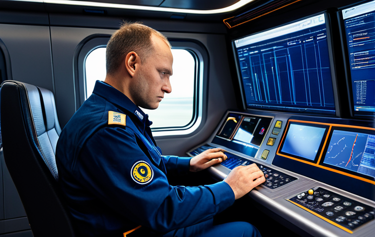 A focused professional train engineer, fully clothed in a crisp, dark blue modern uniform with subtle insignia, seated confidently within the state-of-the-art cockpit of a high-speed train. The interior is sleek and futuristic, illuminated by the soft glow of multiple high-tech digital displays showing complex operational data and real-time track information. The engineer's hands are precisely placed on the advanced control panel, reflecting deep concentration and expertise. Professional photography, high resolution, detailed, perfect anatomy, correct proportions, natural pose, well-formed hands, proper finger count, natural body proportions, safe for work, appropriate content, fully clothed, professional, modest clothing.