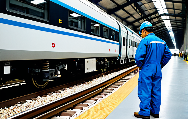 **
A bustling train maintenance depot, daytime. Mechanics in professional attire inspect a high-speed KTX train. Focus on the detailed inspection of the wheels and braking system. Tools and diagnostic equipment are visible. The scene should convey precision and dedication to safety. fully clothed, appropriate attire, safe for work, perfect anatomy, natural proportions, professional photography, high quality, family-friendly.
**