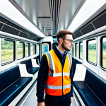철도기사와 AI 기술의 융합 사례 - **Prompt:** A train engineer in the cabin of a modern train, focusing on the AI-powered safety monit...