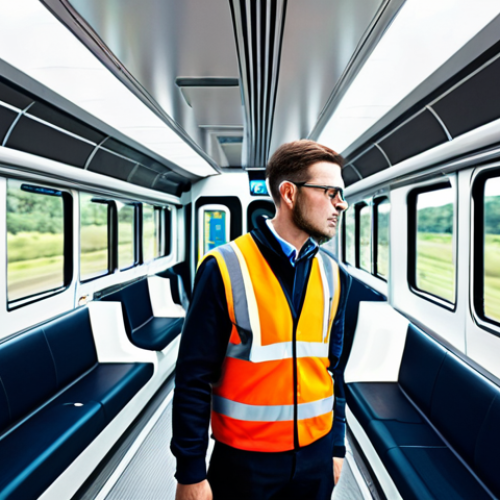 Home 6 철도기사와 AI 기술의 융합 사례 - **Prompt:** A train engineer in the cabin of a modern train, focusing on the AI-powered safety monit...