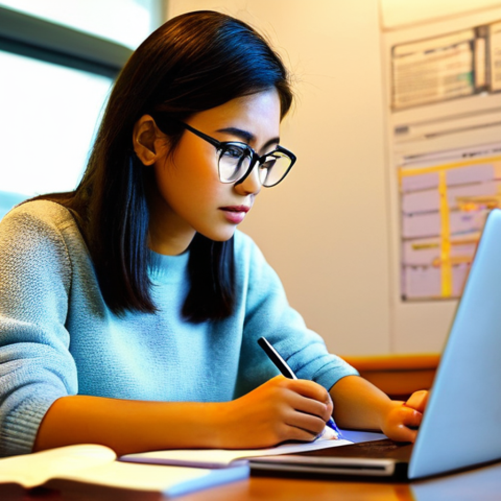 철도기사 자격증 유효기간 - A focused young woman, in her late 20s, with short, neat hair, is diligently studying in a bright, m...