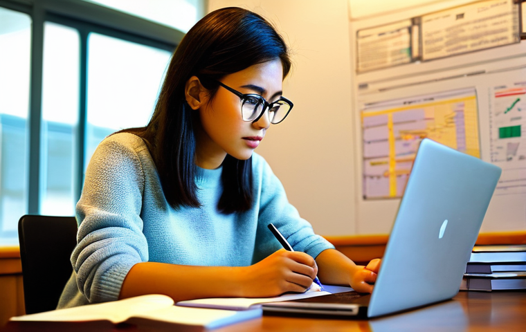 철도기사 자격증 유효기간 - A focused young woman, in her late 20s, with short, neat hair, is diligently studying in a bright, m...