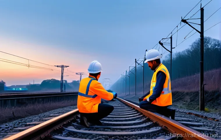 철도 유지보수 데이터 관리 - **Contrasting Railway Maintenance Eras:** A railway track at dusk, sharply divided down the middle. ...