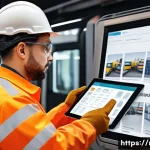 Home 22 철도 유지보수 매뉴얼 제작법 - A detailed illustration of a railway maintenance worker using a digital tablet on-site, surrounded b...