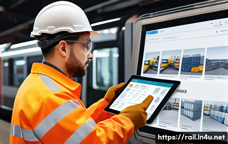 철도 유지보수 매뉴얼 제작법 - A detailed illustration of a railway maintenance worker using a digital tablet on-site, surrounded b...
