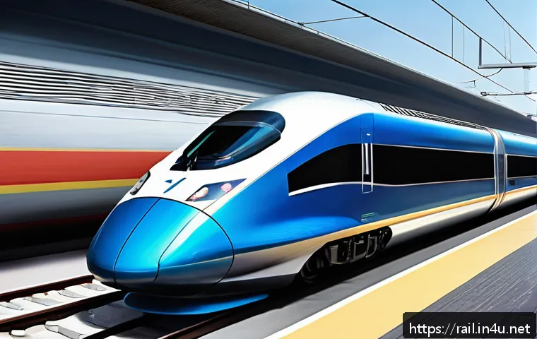 철도 차량 설계 혁신 사례 - A futuristic high-speed train exterior featuring aerodynamic streamlined design with a sleek nose co...
