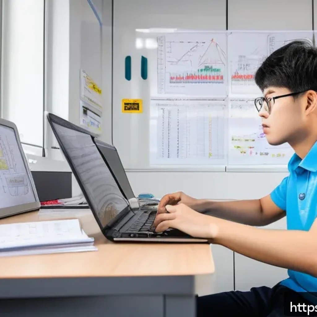 철도기사 시험 난이도 분석 - A detailed study scene showing a focused young adult sitting at a modern desk filled with railway en...