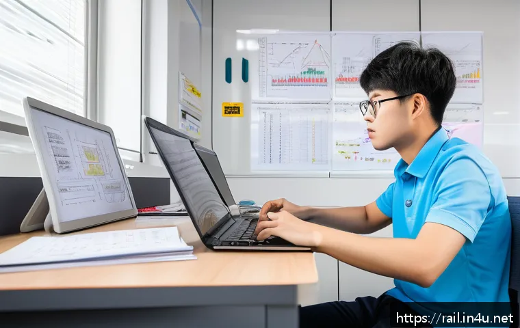 철도기사 시험 난이도 분석 - A detailed study scene showing a focused young adult sitting at a modern desk filled with railway en...